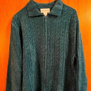 NWT Alfred Dunner XL, Vibrant Teal Zip Cardigan with Collar, Cable Front